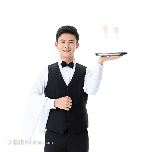 手捧香檳杯服務的男性服務員
